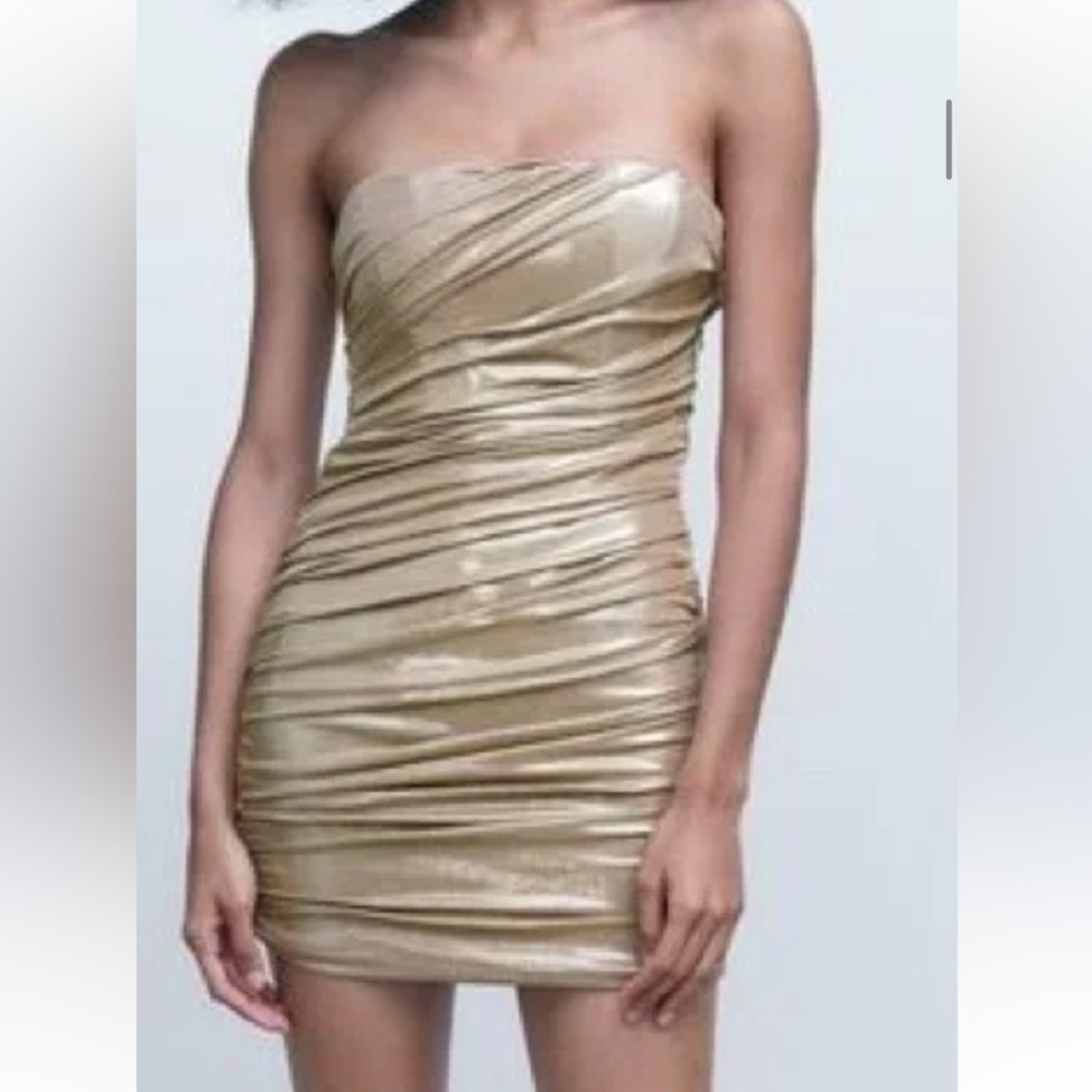 Zara Gold Metallic Ruched Strapless Tube Dress